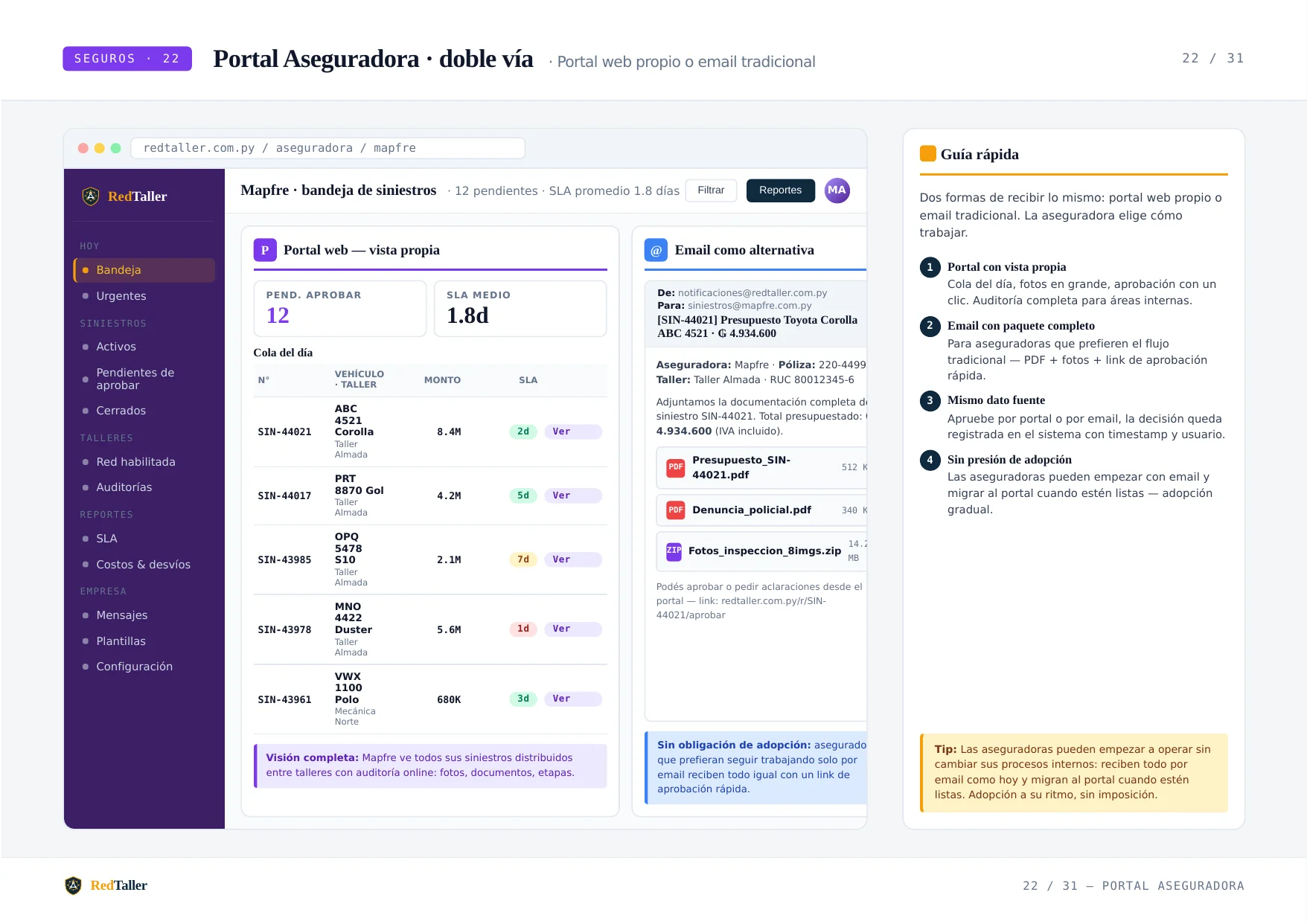 Portal aseguradora · bandeja con todos los siniestros del taller
